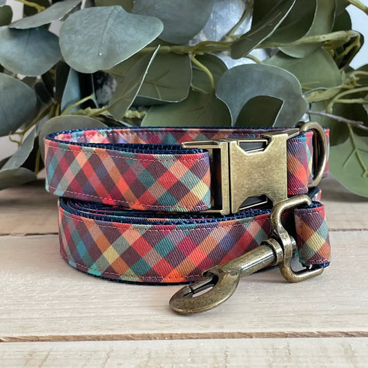 Boho Retro Plaid Dog Collar with Antique Brass Hardware