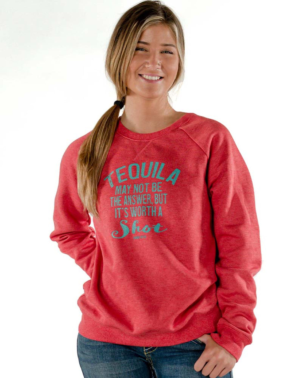 Tequila Shot Turquoise Print LADIES Fit Crew-Neck Sweatshirt (Red)