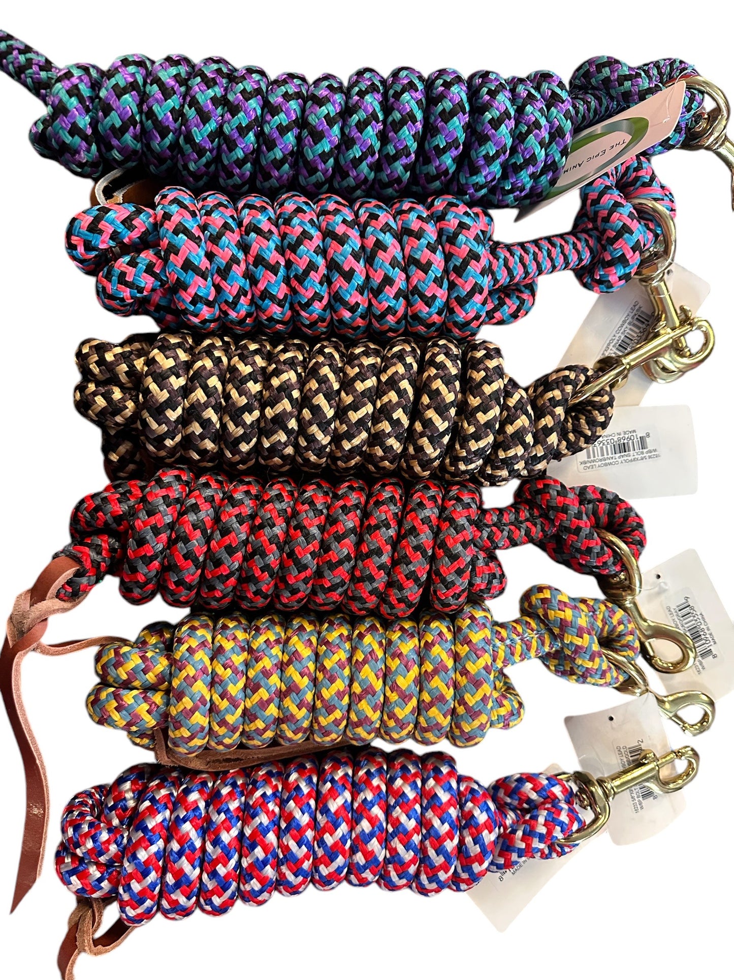 Cowboy Lead Rope 5/8" x 9', BP Bolt Snap, Leather Popper.  Assorted Color