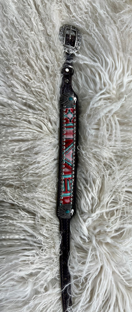 Red and mint navajo on dark leather