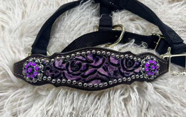 Purple floral on dark leather